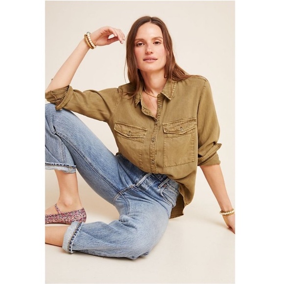 Anthro Pilcro Olive Cargo Pocket Buttondown Shirt Top - Picture 5 of 13
